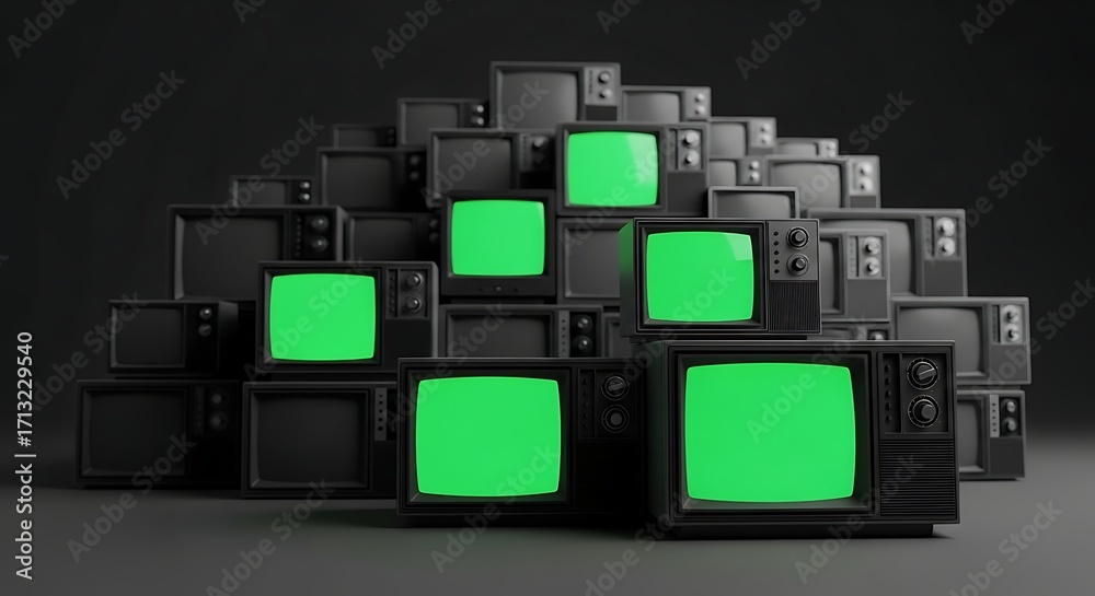 Obraz premium Stack of Vintage Televisions with Green Screens on Dark Background, Retro Technology
