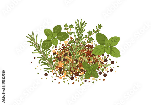 A pile of spices  herbs rosemary thyme basil peppercorns  star anise