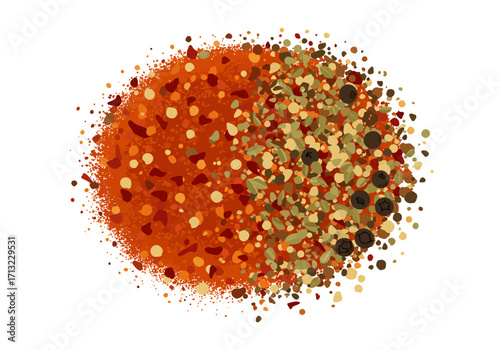A pile of spices featuring red pepper flakes herbs and black peppercorns on a white background