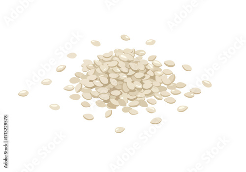 A pile of white sesame seeds is depicted scattered and overlapping on a white background
