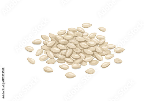 A pile of white oval sesame seeds with soft shadows