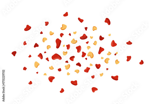 A scattering of red and yellow petallike shapes randomly arranged on a white background
