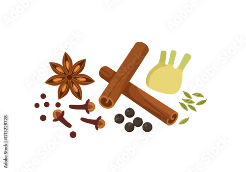A spice arrangement features cinnamon star anise cloves fennel pepper and cardamom
