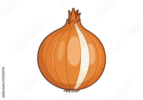 A stylized lightbrown onion with a white stripe and brown details