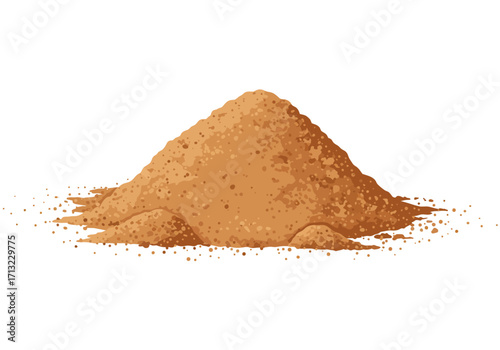 A stylized illustration shows a pile of tan sand or earth with textured details and small dots scattered around the base