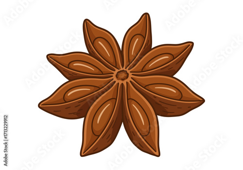 Anise star with eight points brown with inner details on a white background
