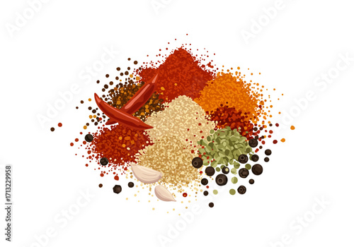 Assorted spices pile red pepper garlic cloves peppercorns and ground powders in brown red orange and tan hues