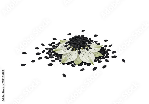 Black seeds atop a whitepetaled flower scattered on a white background