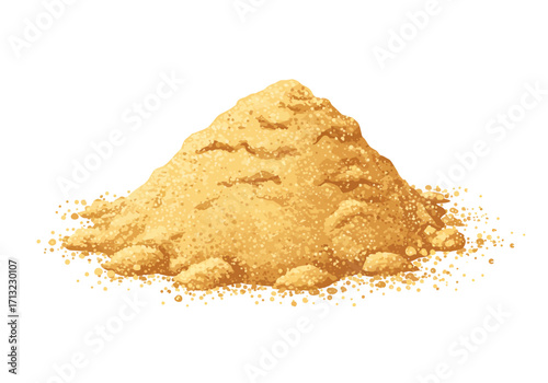 Depicts a pile of tan granulated substance resembling sand or brown sugar against a white background