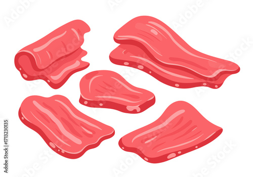 Five stylized raw meat pieces with glossy surfaces are scattered on a white background