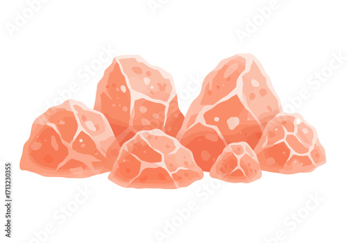 Group of pink irregular rocks or salt crystals with light cracks and surface imperfections