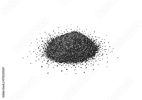 Heap of small dark particles with a gradual dissipation outwards on a stark white background