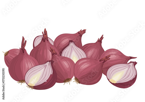 Group of red onions whole and sliced with visible layers clustered together