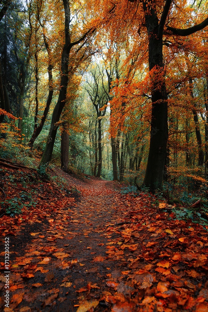 Naklejka premium Forest path covered with fallen leaves leading through autumn trees. High quality