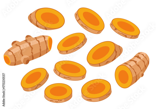 Isometric view of fresh turmeric root and slices with orange insides