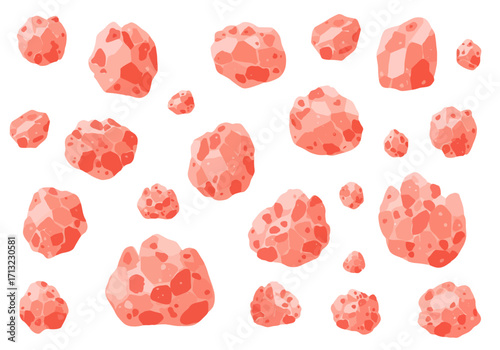 Many reddish mineral formations are scattered across a white background