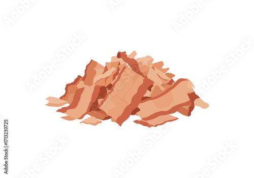 Pile of stylized flat strips of bacon in varying sizes and shades of orange and brown on a white background