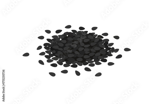 Pile of teardrop shaped black sesame seeds against a white background