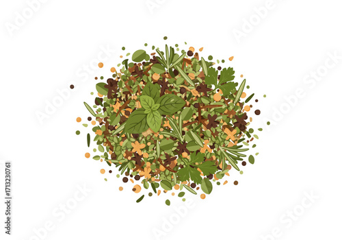 Piles of herbs and spices including rosemary and parsley creating a vibrant colorful mixture