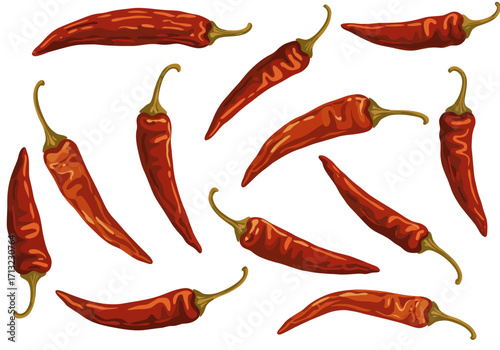 Red chili peppers are scattered across the scene showing details like their stems and textures