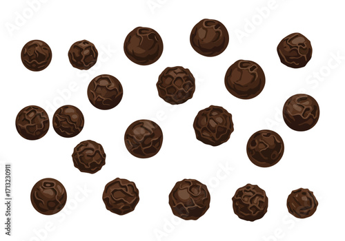 Several scattered round dark brown peppercorns on a white background