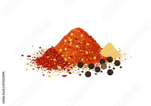 Spices cayenne powder brown sugar and black peppercorns in a pile