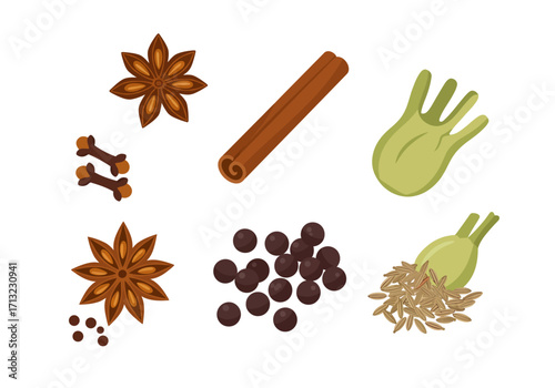 Spices and fennel arranged star anise cloves cinnamon stick peppercorns fennel bulb  seed