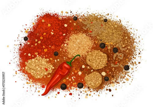 Spices scattered with a red chili pepper and black peppercorns