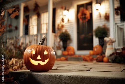 Smiling Carved Jack-o-Lantern Pumpkin Pumpkins Halloween Trick or Treating House Candle Orange Holiday Decoration Background Wallpaper