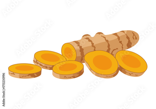 Turmeric root with several sliced pieces showing vibrant orange inside against a white background