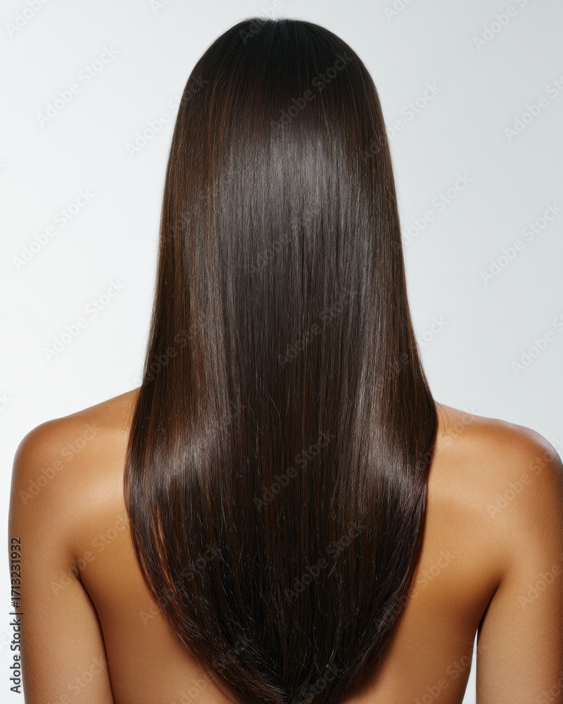 Fototapeta premium Back view of a woman with long, sleek brown hair, smooth texture and glossy shine cascading to mid back, highlighting healthy, well cared for tresses.