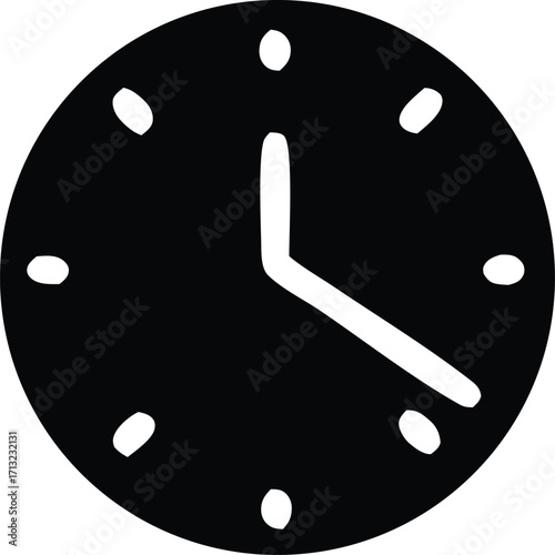 Simple black and white clock face with hour and minute hands showing approximately 350 time icon for business