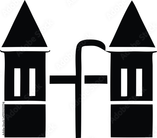 Stylized black and white iconic representation of twin towers and a gate symbolizing entrance or structure