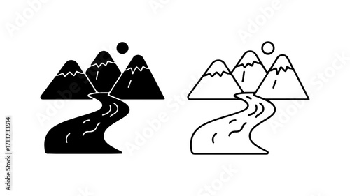 Mountain and river landscape vector icon set in two styles.