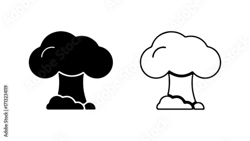 Nuclear Explosion Icon Set Black and White Atomic Bomb Symbol.