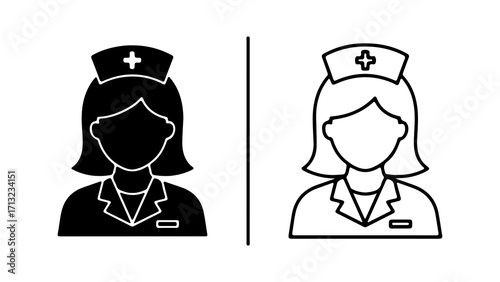 Nurse icon set with solid and outline styles.