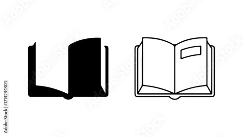 Open book illustration with black and white outline reading and learning concept.