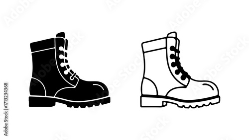 Pair of Combat Boots Black and White Outline Icon Set.