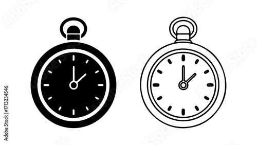 Pocket watch icons showing time in black and white classic design.