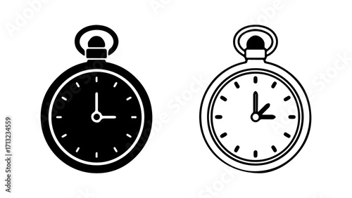 Pocket watch illustrations showing time and design details in black and white.