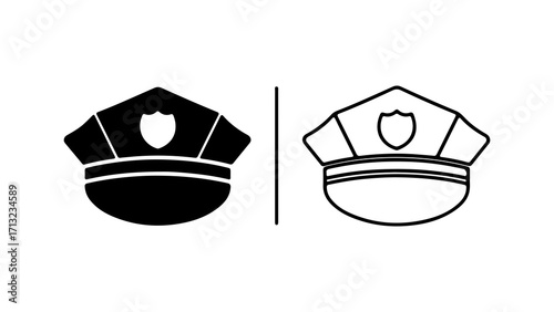 Police Cap Icons Black Silhouette and Outline Design.