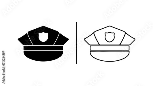 Police hat icon set in solid and outline styles.
