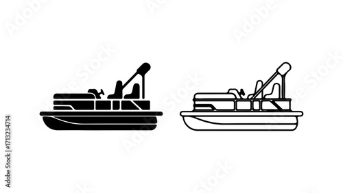 Pontoon boat vector icon set in silhouette and outline style.