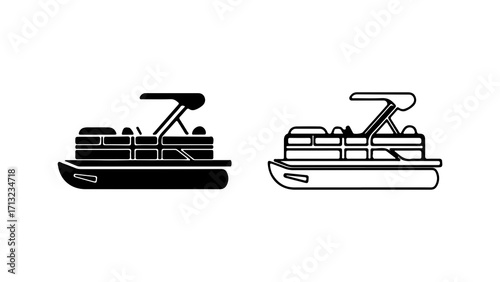 Pontoon boat vector icon set in silhouette and outline styles 1.