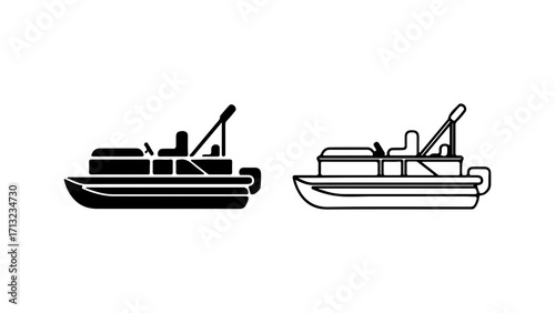 Pontoon boat vector icon set in silhouette and outline styles.