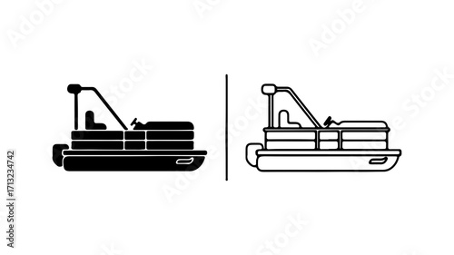 Pontoon boat vector illustration in black silhouette and outline style.