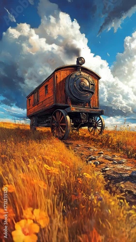 Vintage Train Painting in Field
