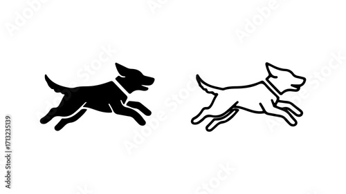 Running dog silhouette and outline icon set.