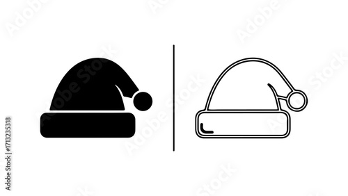 Santa Hat Icon Set Solid and Outline Designs for Festive Celebrations.