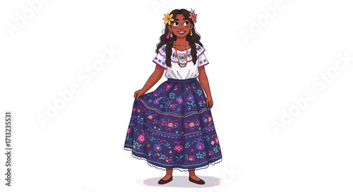 Young Girl in Colorful Traditional Dress with Flowers in Hair Smiling on White Background